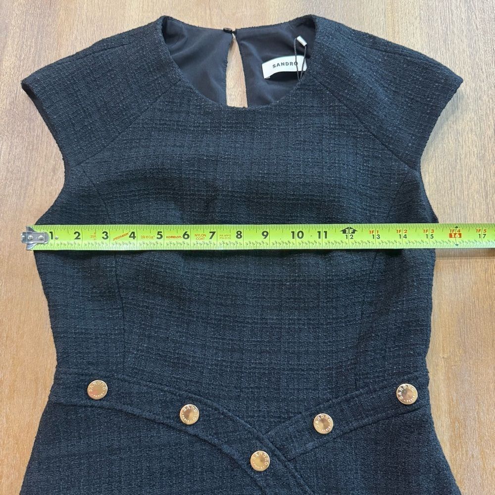 Sandro Paris Black Tweed Dress Gold Buttons Cap Sleeve Size 34/ US 2 NWT - Picture 3 of 16